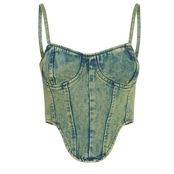 PrettyLittleThing Tops - PrettyLittleThing Green Tint Vintage Wash Curved Hem Denim Corset Top Size 2